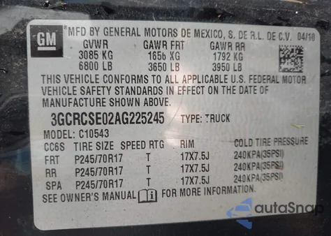 2010 Chevrolet Silverado 1500 Lt z USA, uszkodzony, nr VIN 3GCRCSE02AG225245